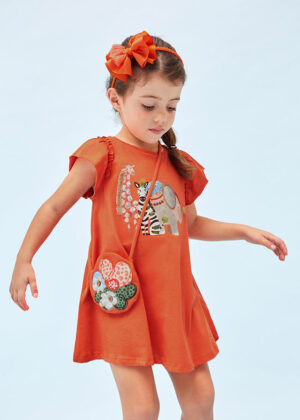 Šaty s krátkým rukávem a kabelkou bavlněné SAFARI oranžové MINI Mayoral velikost: 104